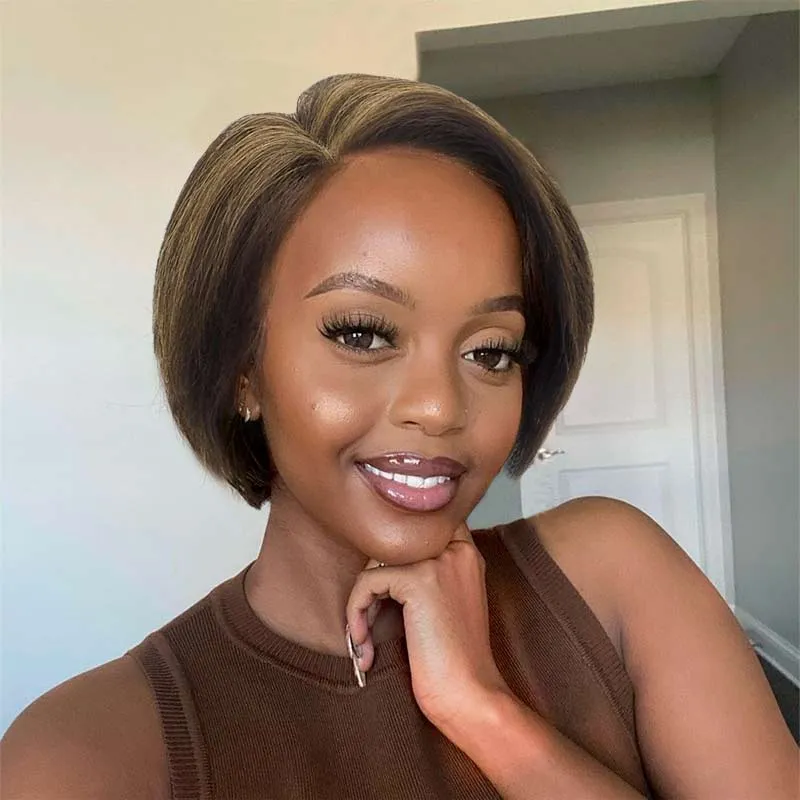 Pixie Cut Wigs Human Hair Lace Front T Part Wig Straight 4/27 Human Hair