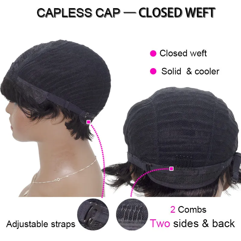 Pixie Wigs with Bangs None Lace Front Wig Human Hair Wig with Side Bangs