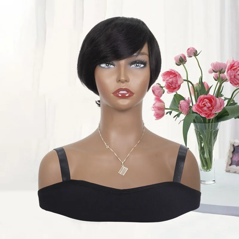 Pixie Wigs with Bangs None Lace Front Wig Human Hair Wig with Side Bangs