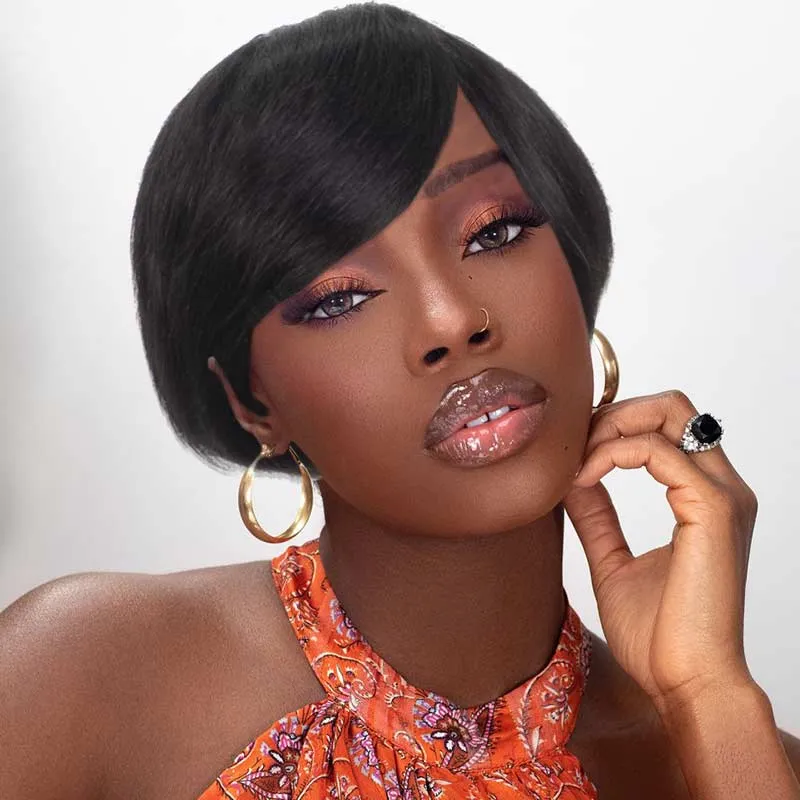 Pixie Wigs with Bangs None Lace Front Wig Human Hair Wig with Side Bangs