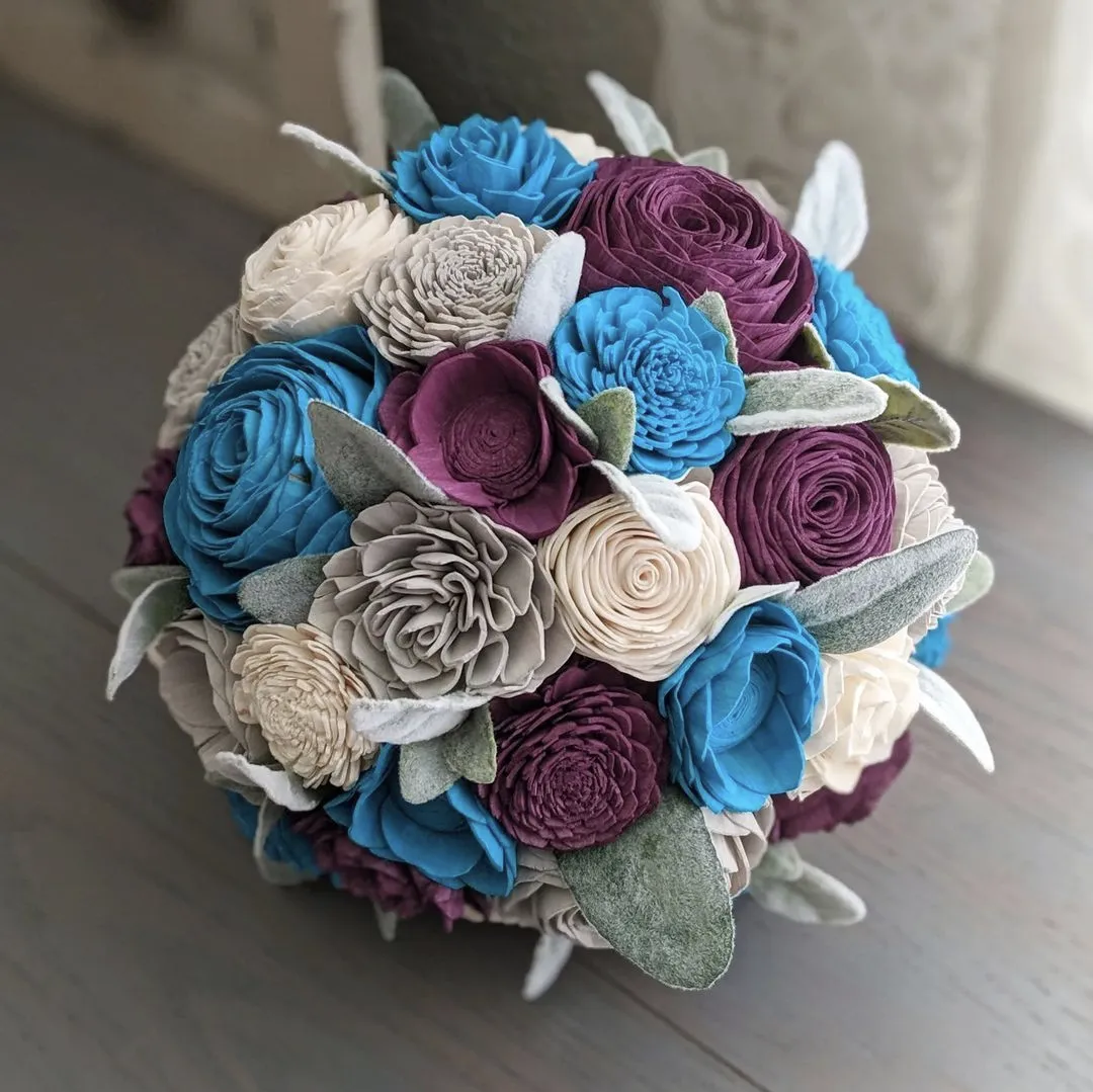 Plum, Blue Teal, Light Gray, and Ivory Bouquet with Lambs Ear Greenery