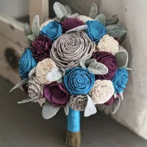 Plum, Blue Teal, Light Gray, and Ivory Bouquet with Lambs Ear Greenery
