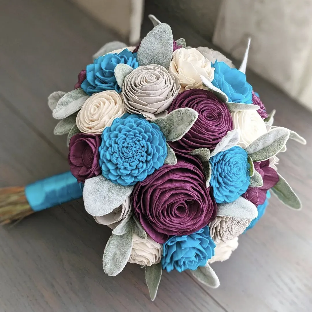Plum, Blue Teal, Light Gray, and Ivory Bouquet with Lambs Ear Greenery
