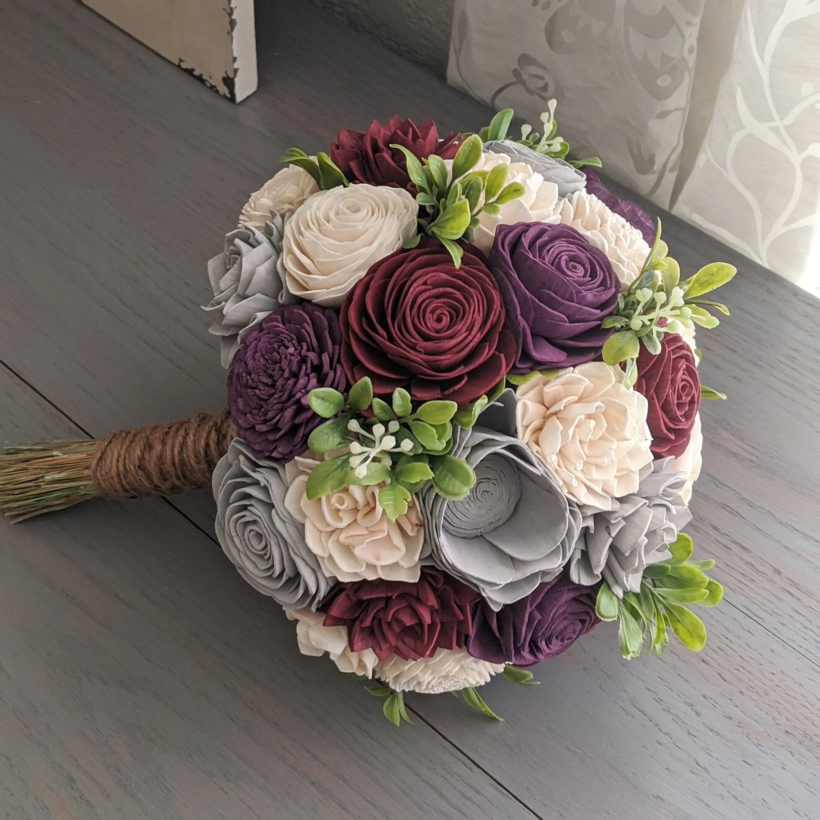 Plum, Burgundy, Light Gray, and Ivory Bouquet with Greenery