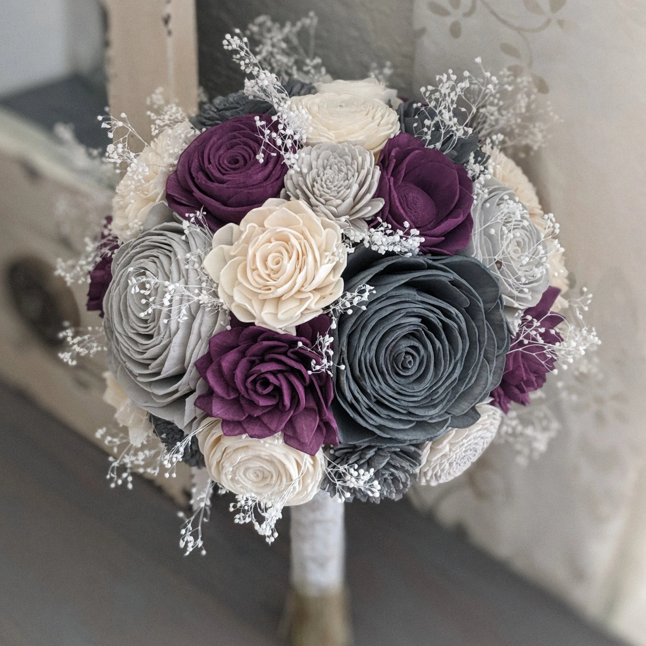 Plum, Charcoal, Light Gray, and Ivory Bouquet with Baby's Breath