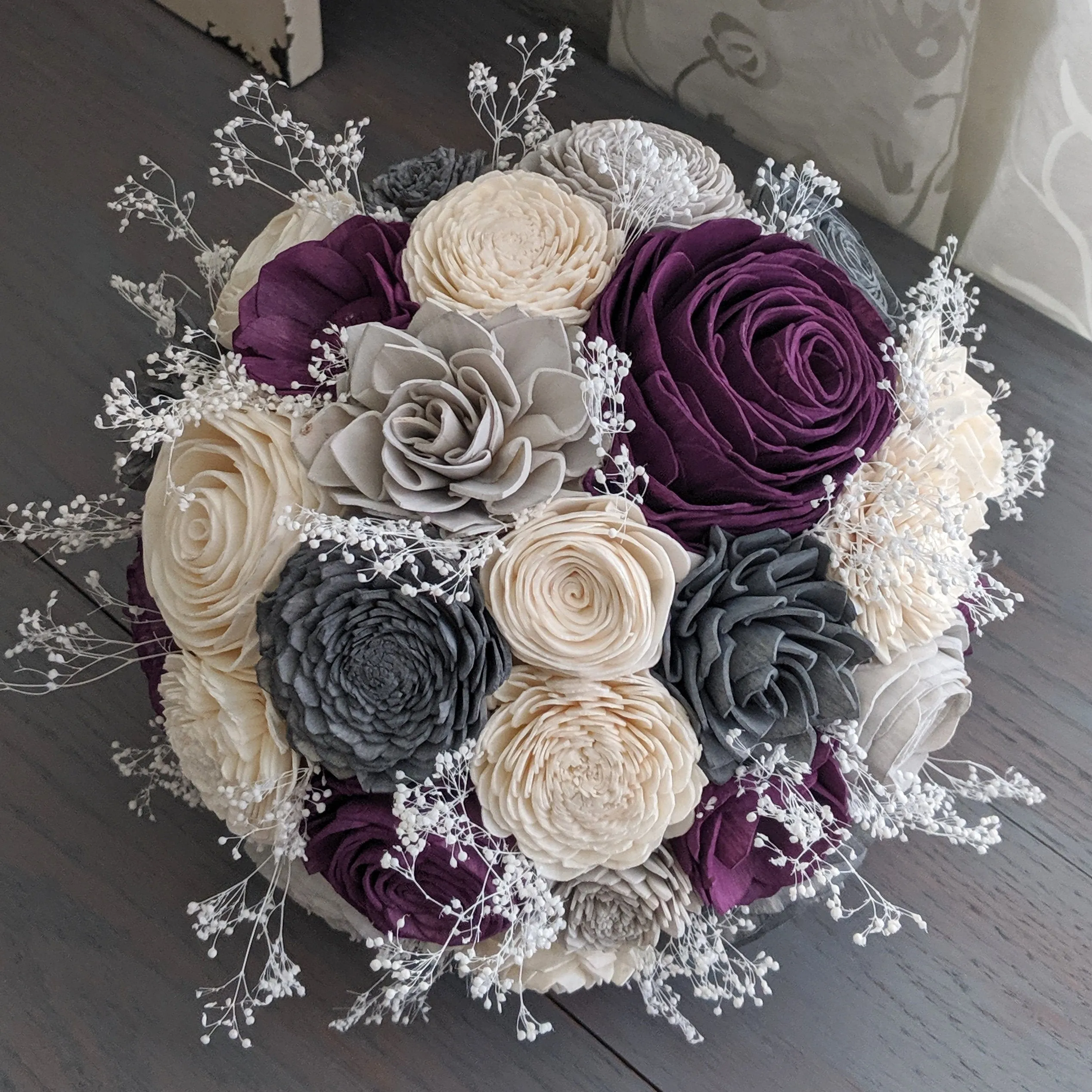 Plum, Charcoal, Light Gray, and Ivory Bouquet with Baby's Breath