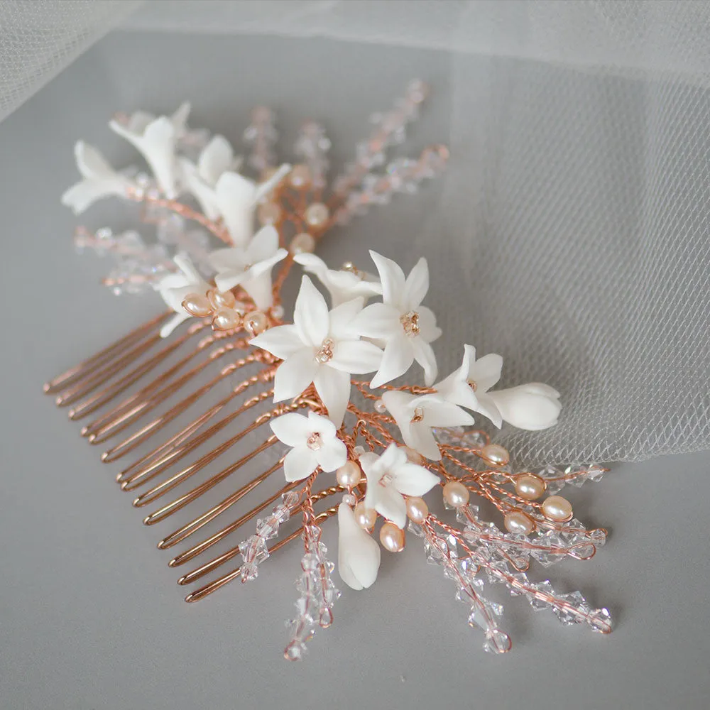 Porcelain Lily in Swarovski Crystals Branches Handmade Bridal Headpiece in Rose Gold