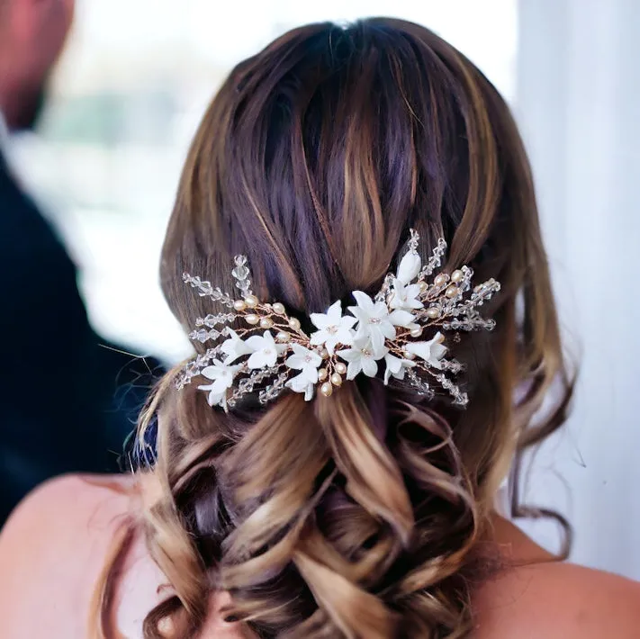 Porcelain Lily in Swarovski Crystals Branches Handmade Bridal Headpiece in Rose Gold