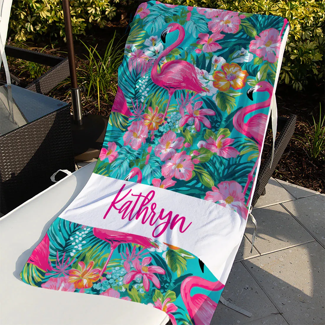 Preppy Personalized Flamingo Beach Towel