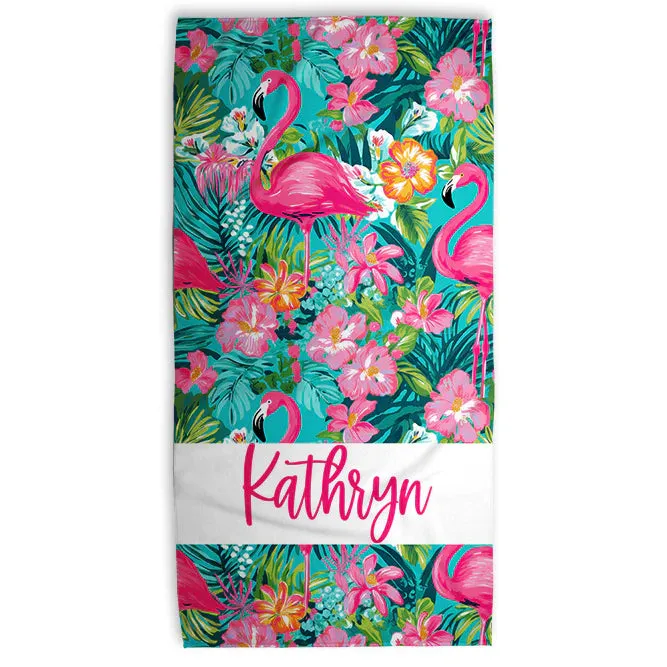 Preppy Personalized Flamingo Beach Towel
