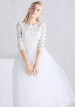 Princess Tea Length White Flowers Lace Tulle Wedding Dress