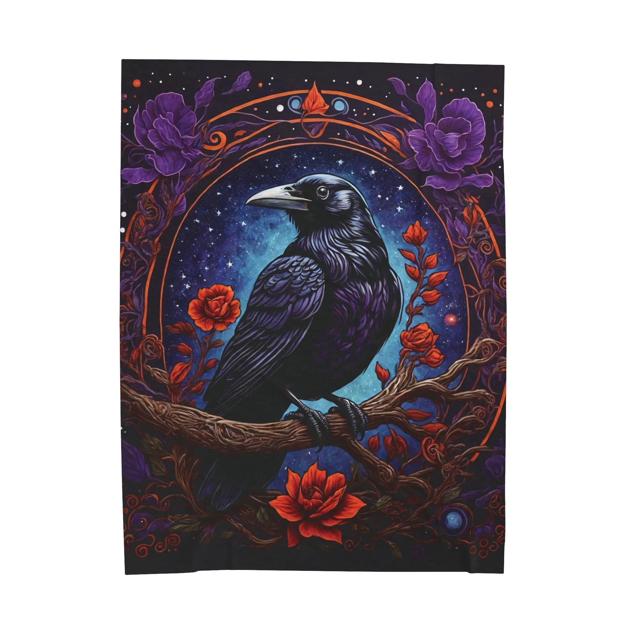 Raven with Red and Purple Flowers Velveteen Plush Blanket Blue