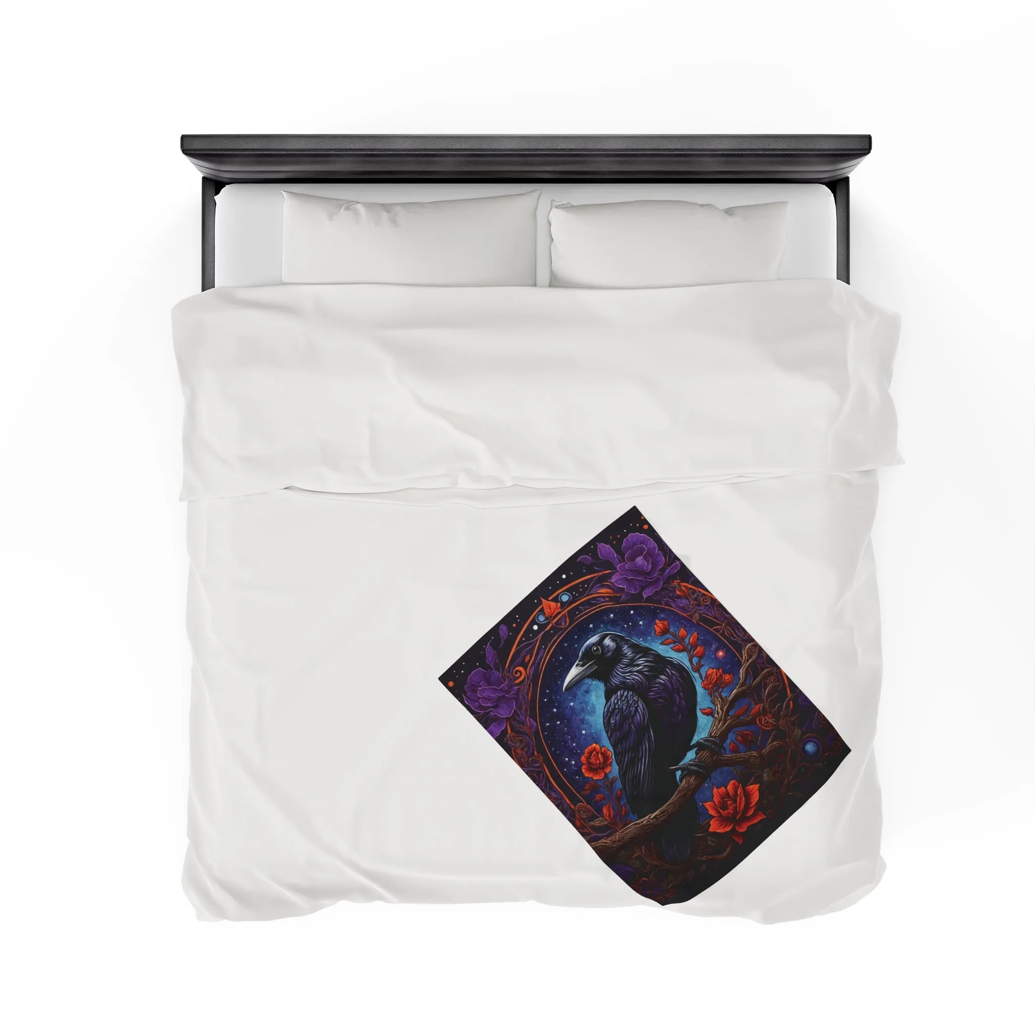 Raven with Red and Purple Flowers Velveteen Plush Blanket Blue