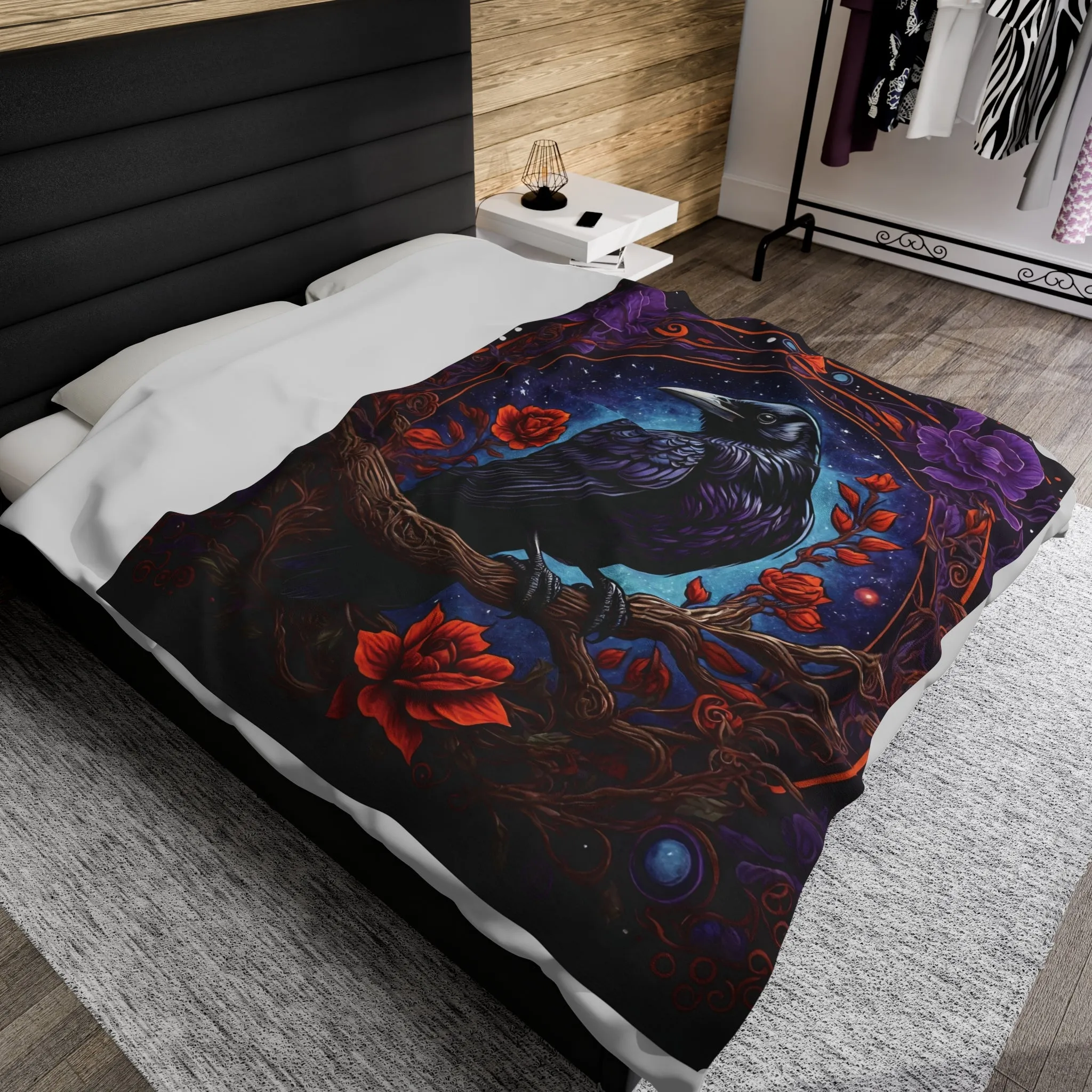 Raven with Red and Purple Flowers Velveteen Plush Blanket Blue