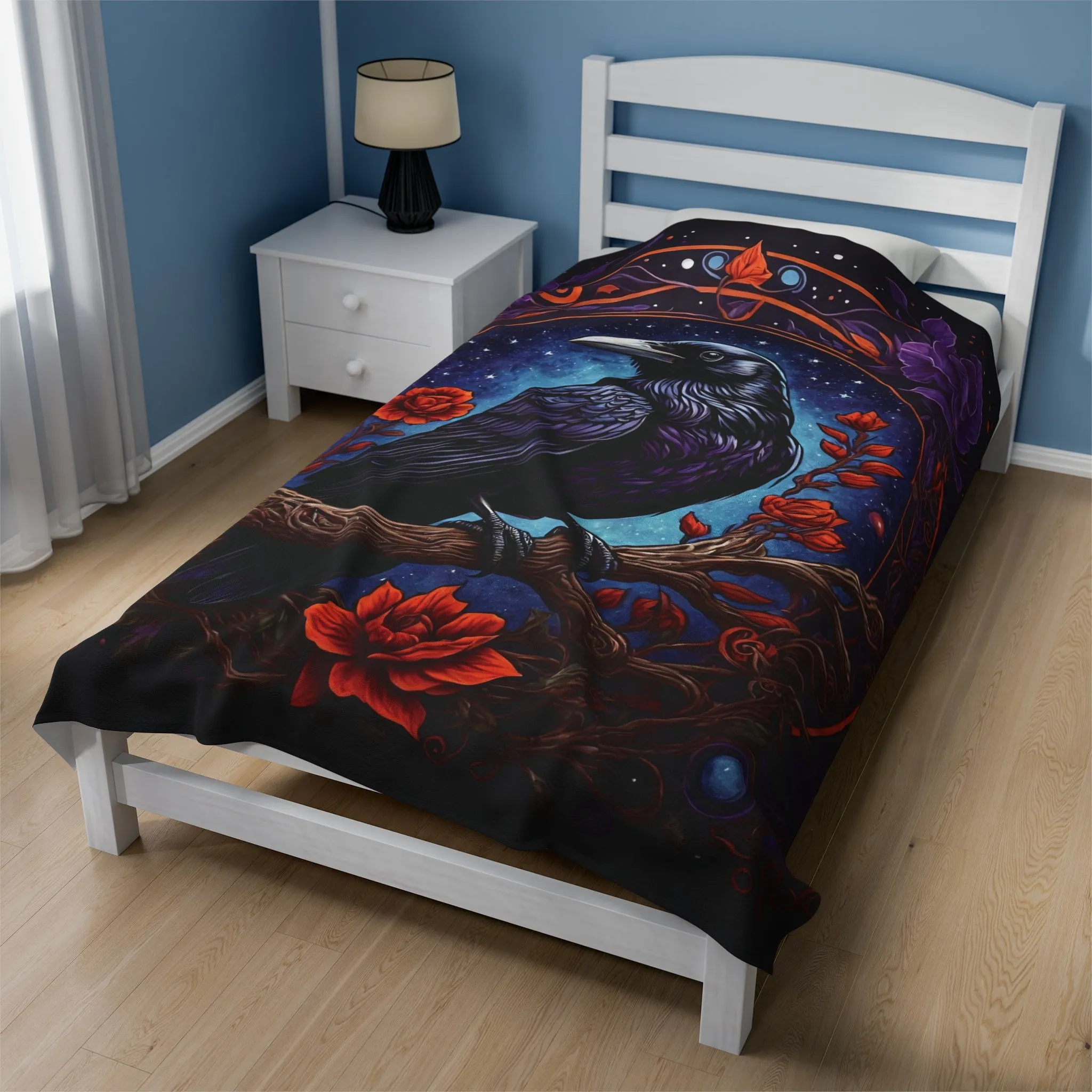 Raven with Red and Purple Flowers Velveteen Plush Blanket Blue