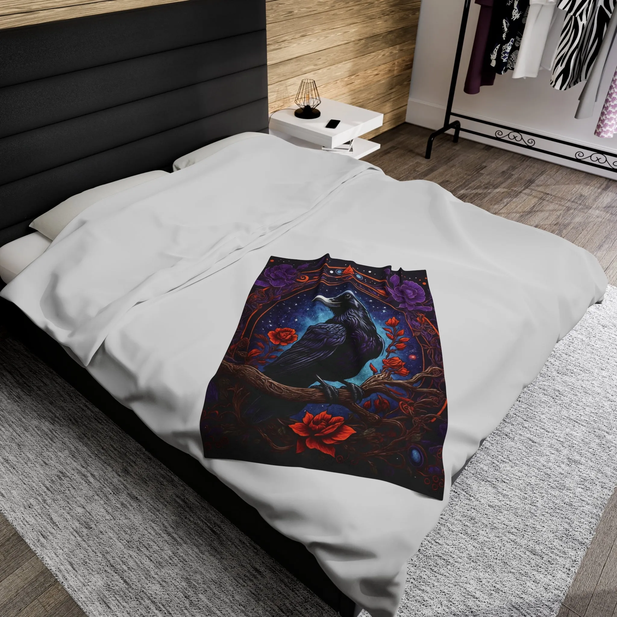 Raven with Red and Purple Flowers Velveteen Plush Blanket Blue