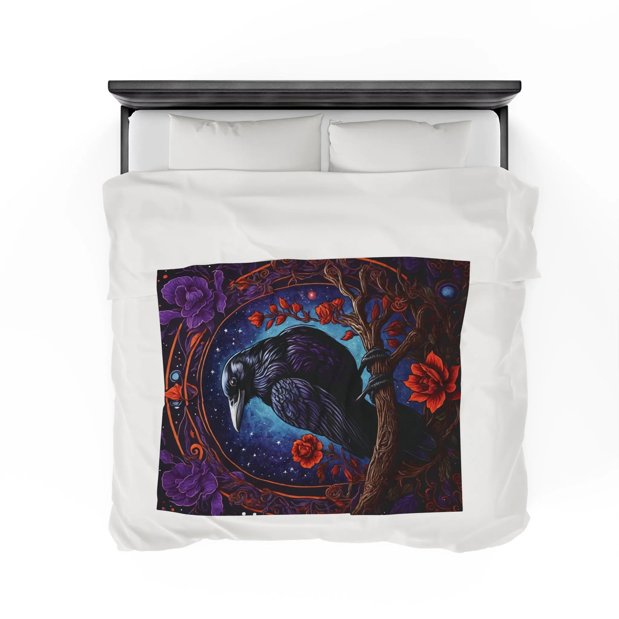 Raven with Red and Purple Flowers Velveteen Plush Blanket Blue