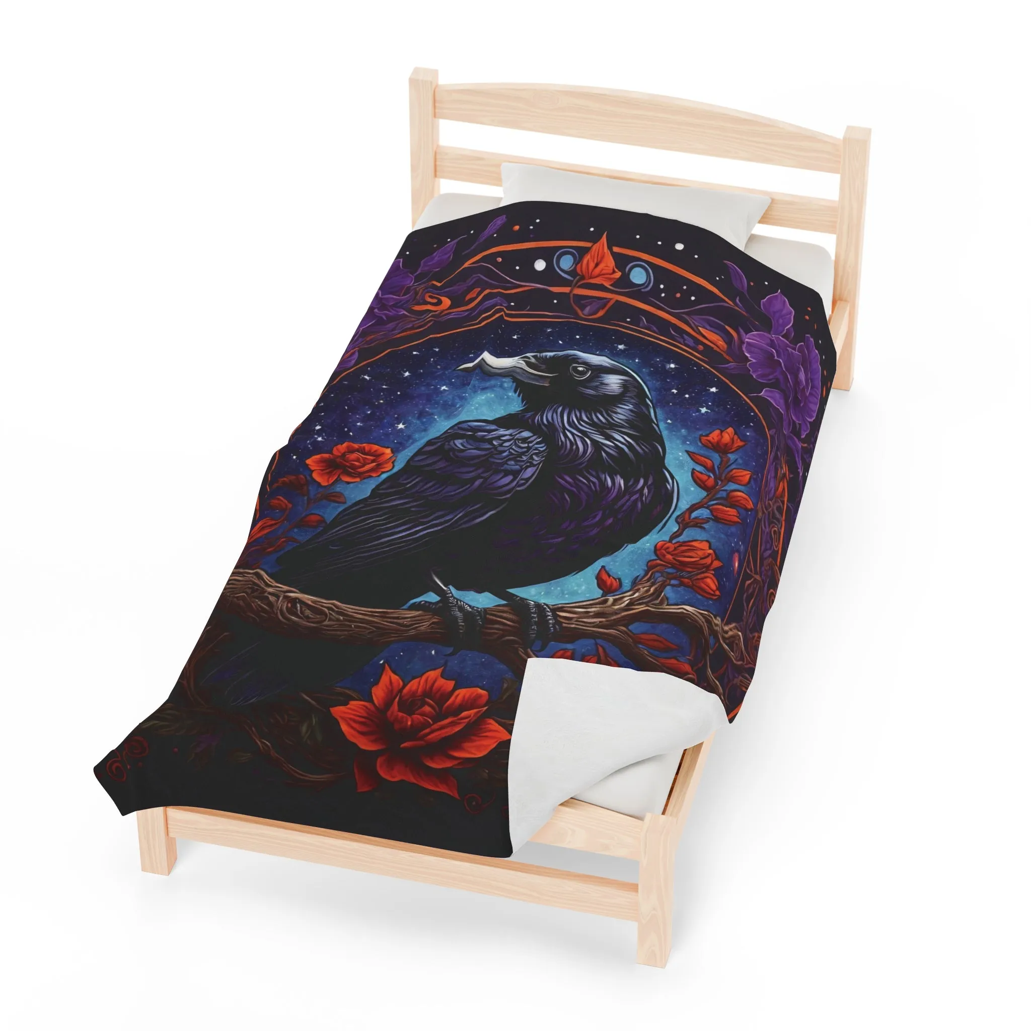Raven with Red and Purple Flowers Velveteen Plush Blanket Blue