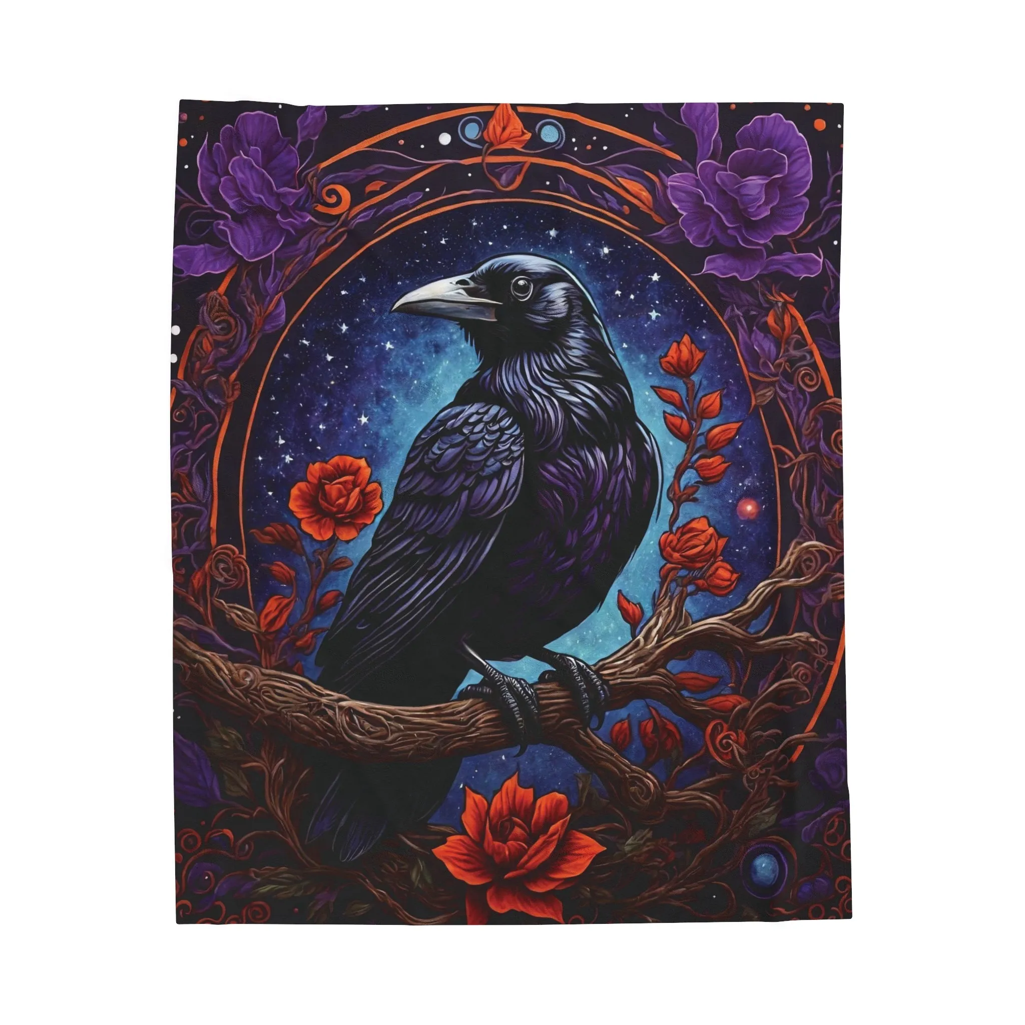 Raven with Red and Purple Flowers Velveteen Plush Blanket Blue