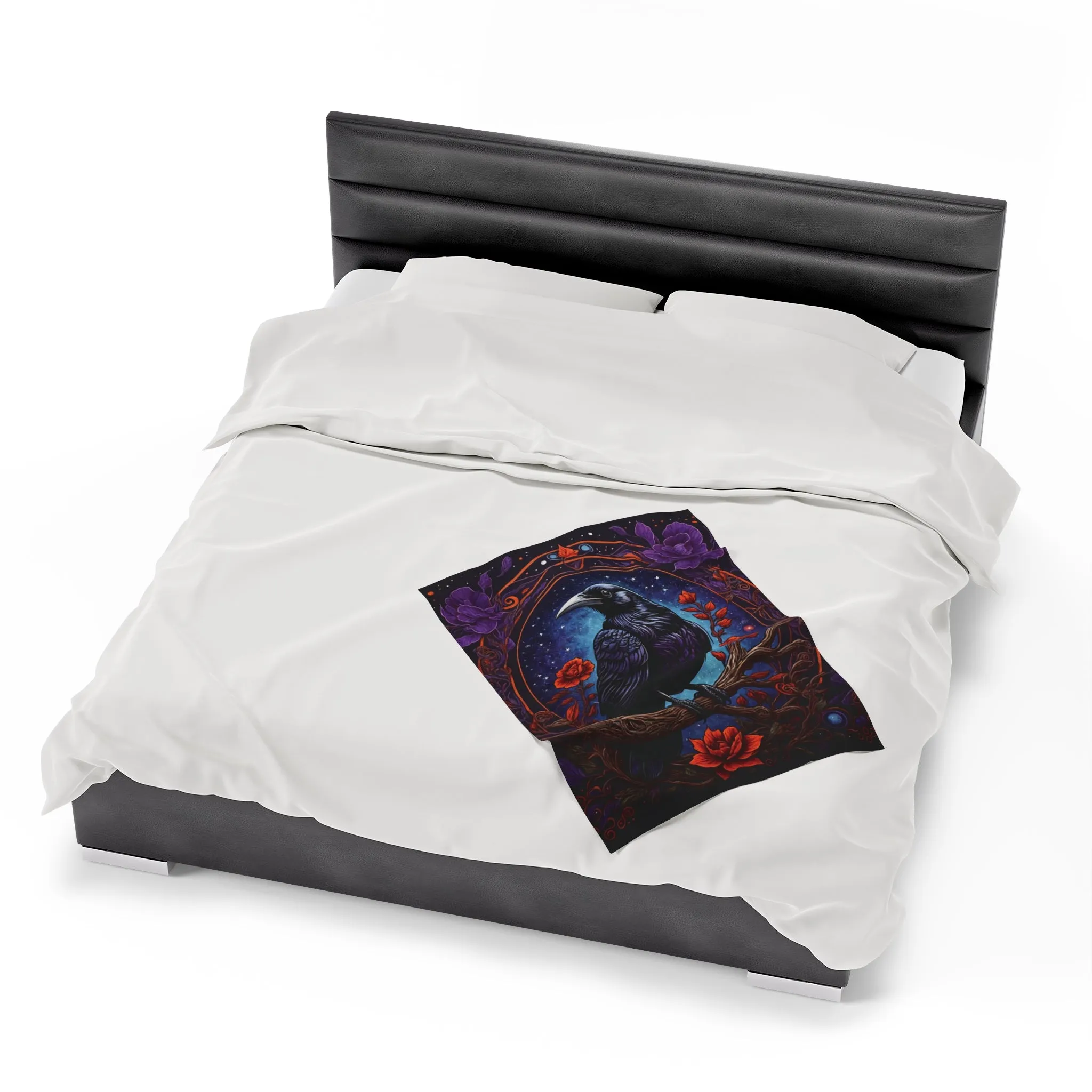 Raven with Red and Purple Flowers Velveteen Plush Blanket Blue