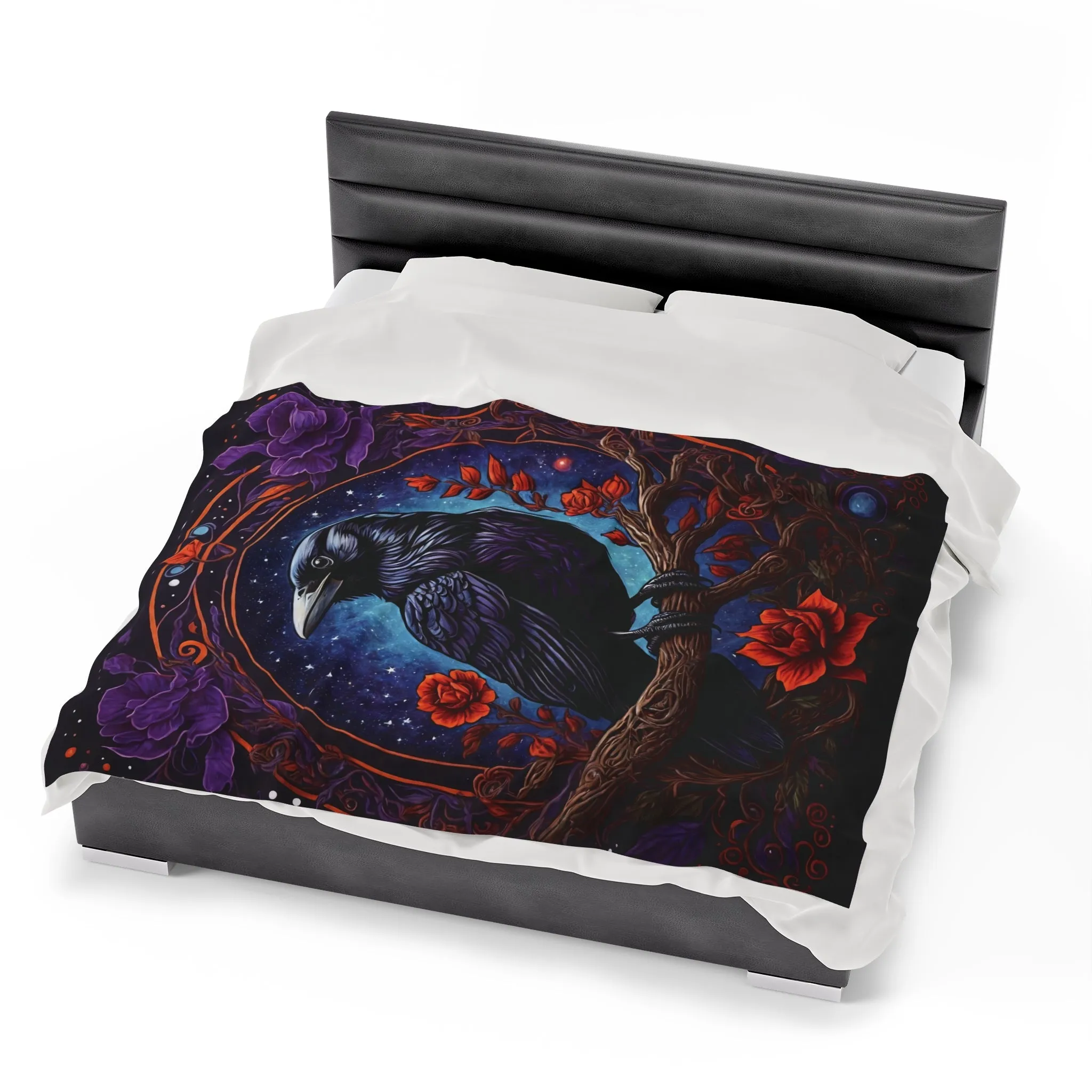 Raven with Red and Purple Flowers Velveteen Plush Blanket Blue