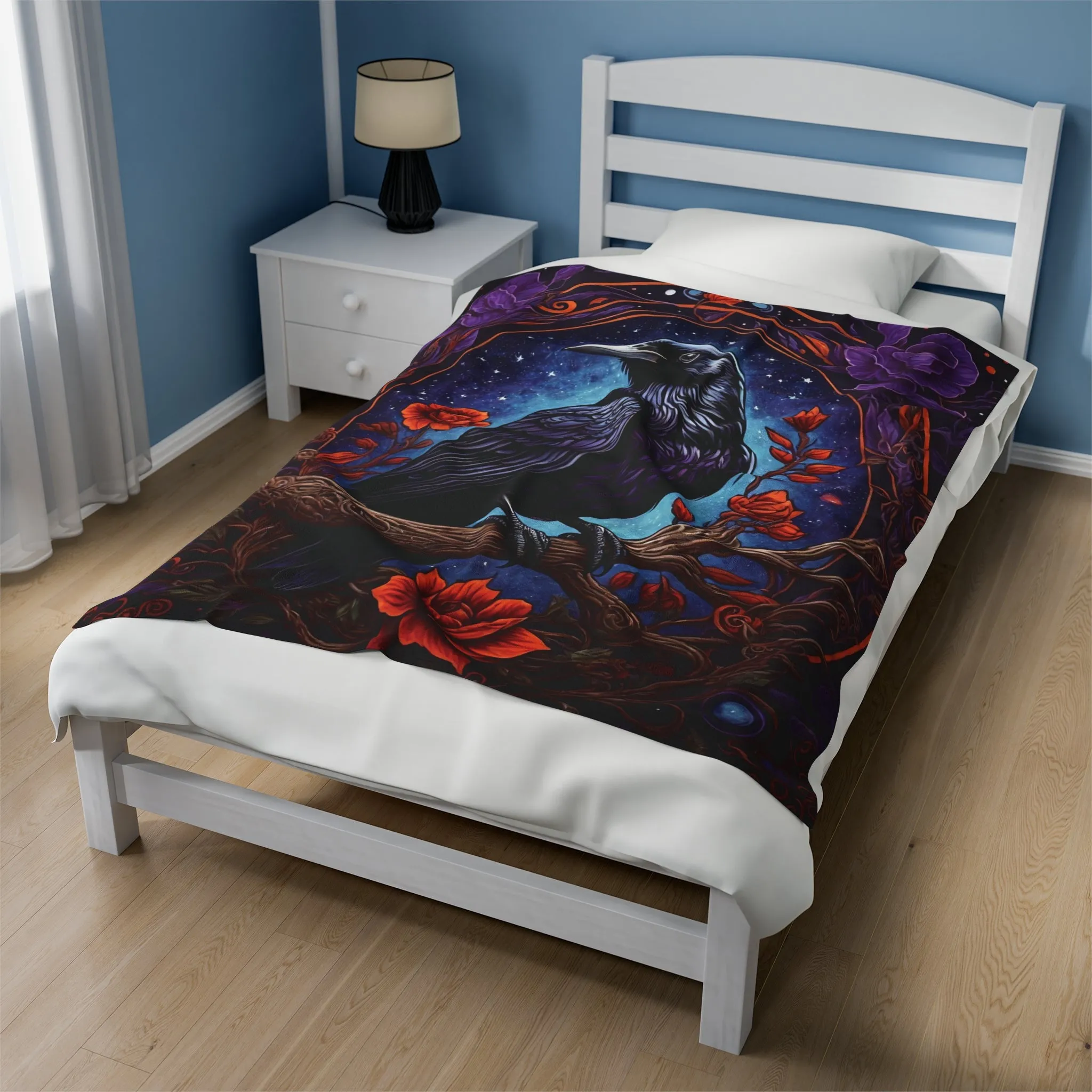 Raven with Red and Purple Flowers Velveteen Plush Blanket Blue