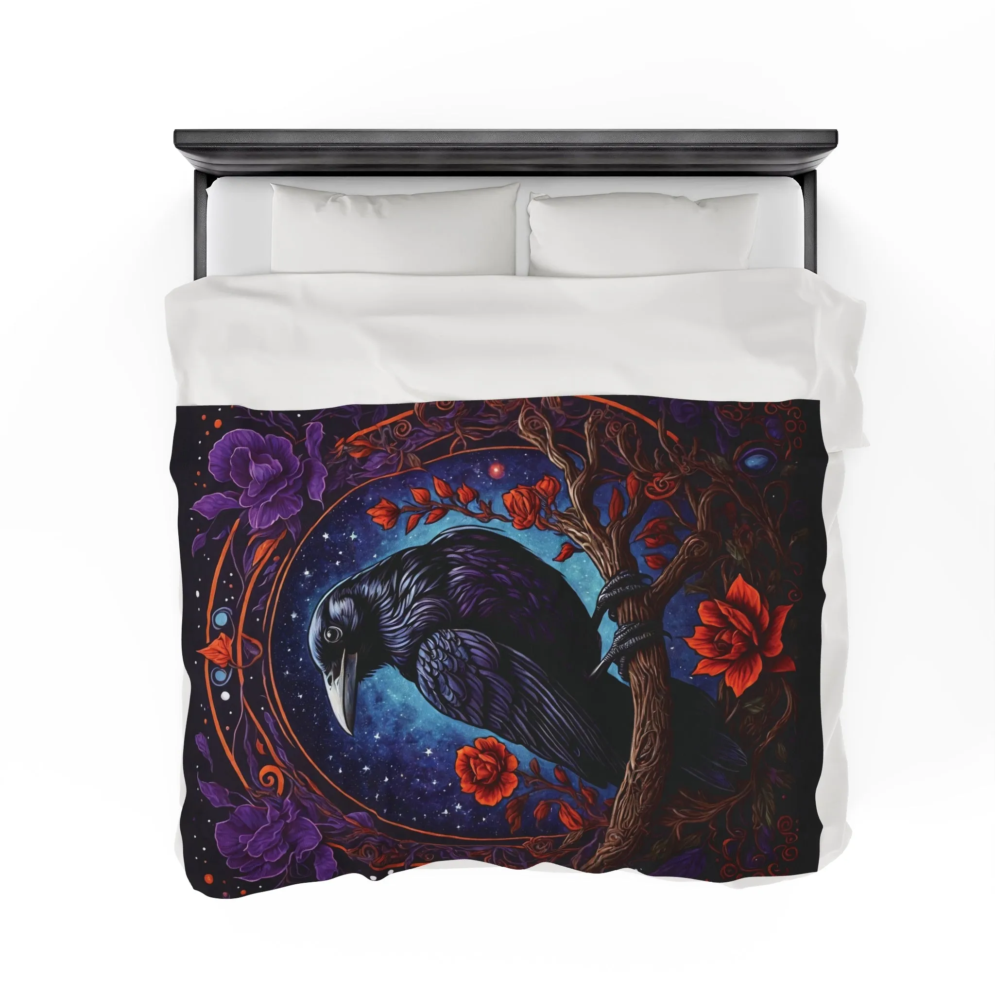 Raven with Red and Purple Flowers Velveteen Plush Blanket Blue