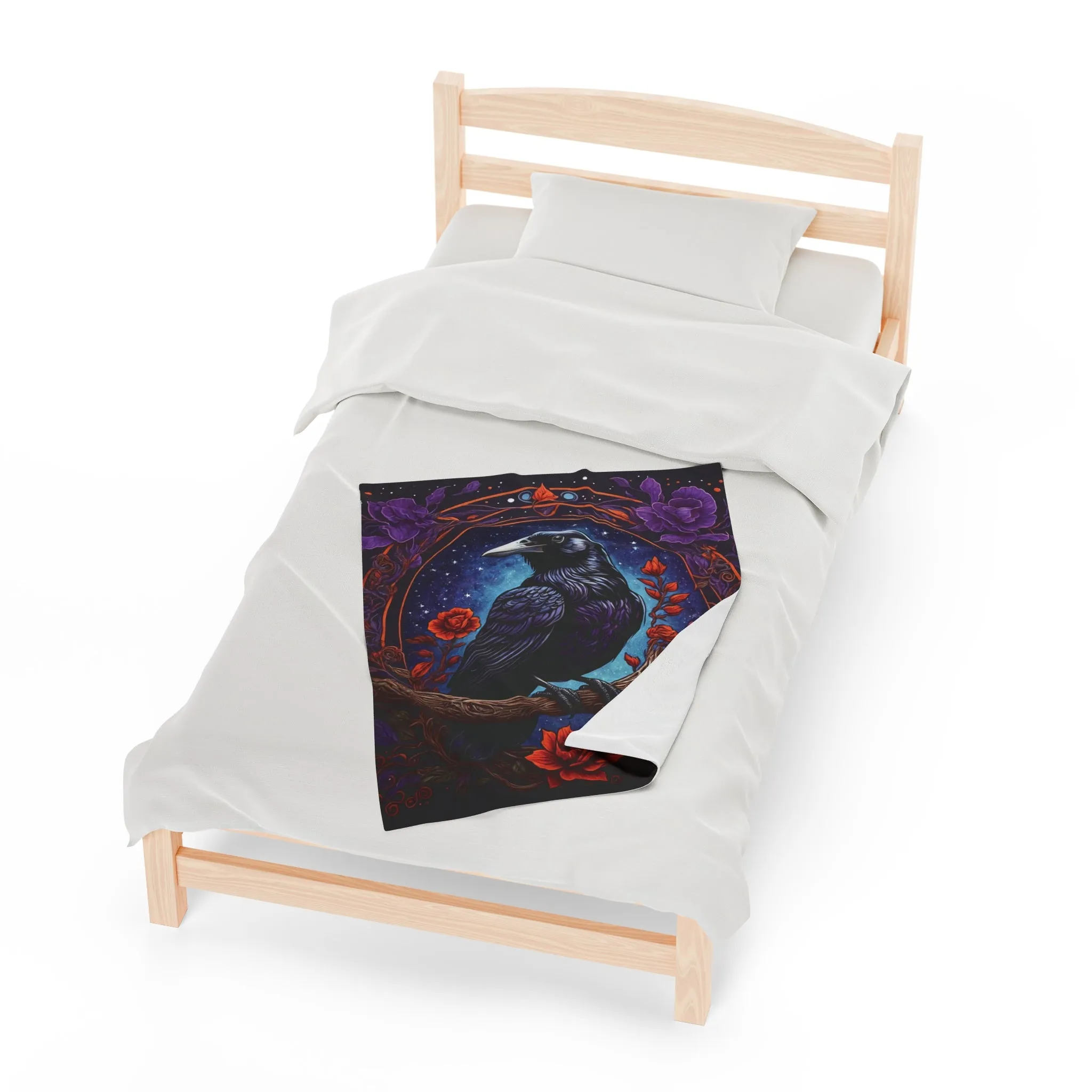 Raven with Red and Purple Flowers Velveteen Plush Blanket Blue