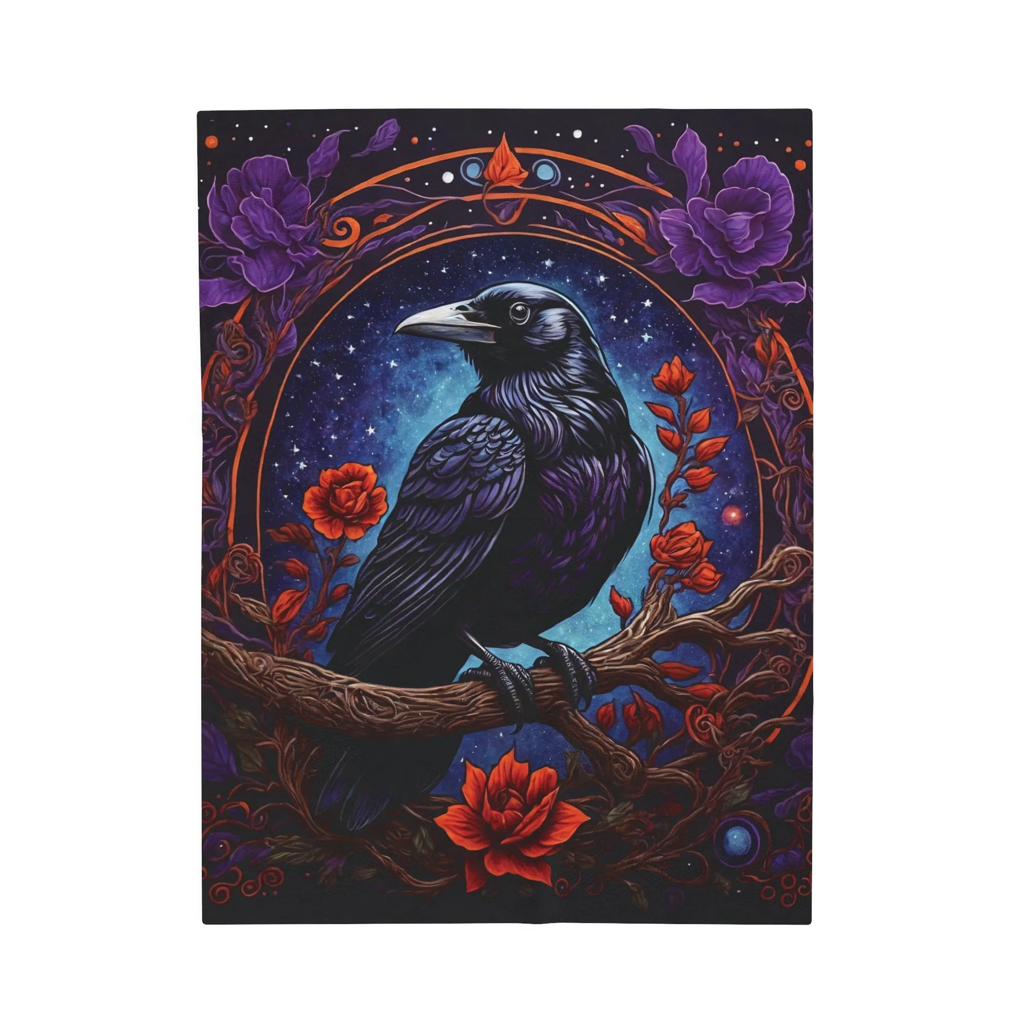 Raven with Red and Purple Flowers Velveteen Plush Blanket Blue