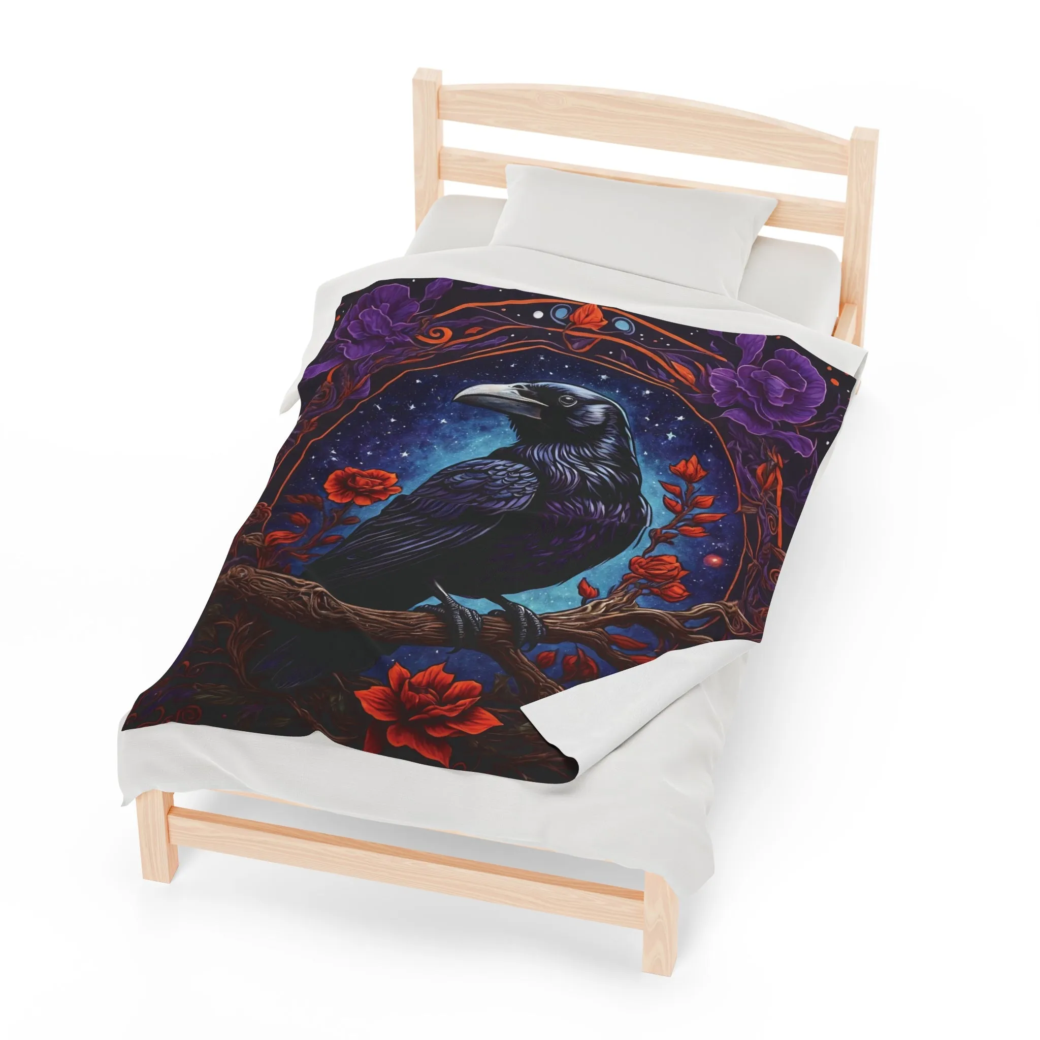 Raven with Red and Purple Flowers Velveteen Plush Blanket Blue