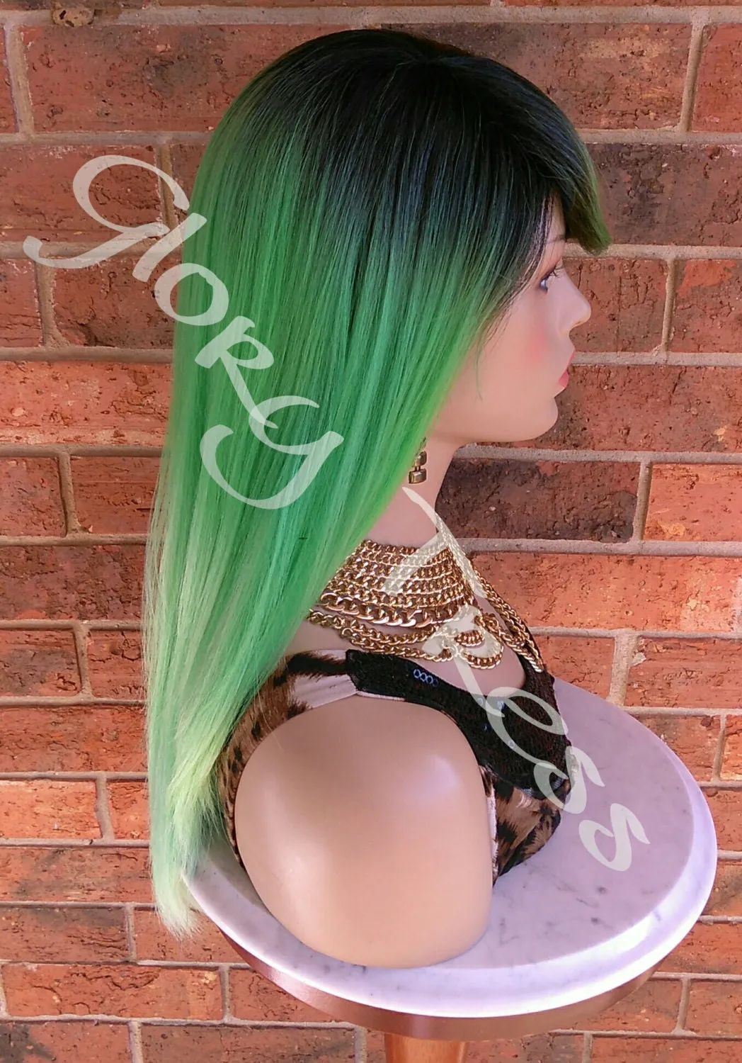 READY To SHIP //Long & Straight Full Wig, Ombre Green Wig, Layered Wig, Dark Rooted, Yaki Textured Wig // VIRTUE (Free Shipping)