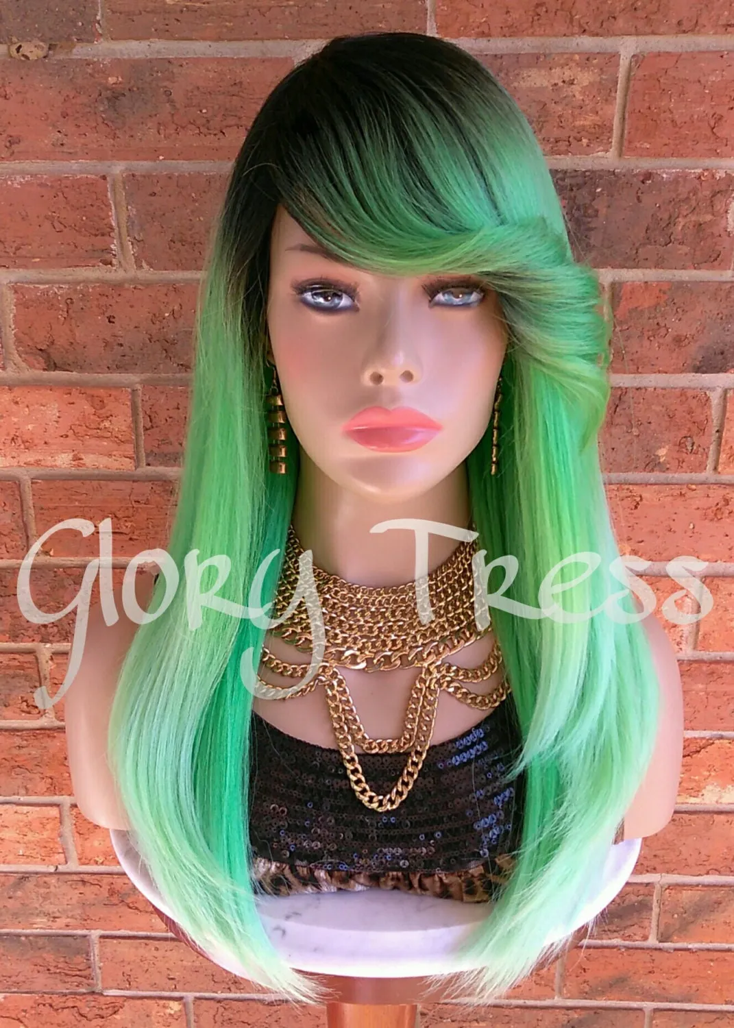 READY To SHIP //Long & Straight Full Wig, Ombre Green Wig, Layered Wig, Dark Rooted, Yaki Textured Wig // VIRTUE (Free Shipping)