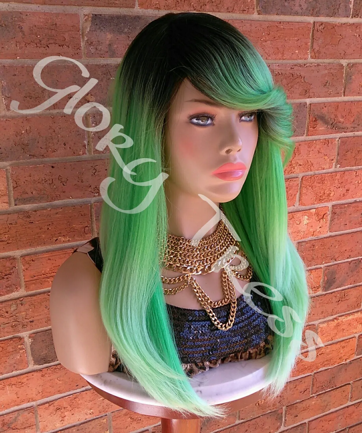 READY To SHIP //Long & Straight Full Wig, Ombre Green Wig, Layered Wig, Dark Rooted, Yaki Textured Wig // VIRTUE (Free Shipping)