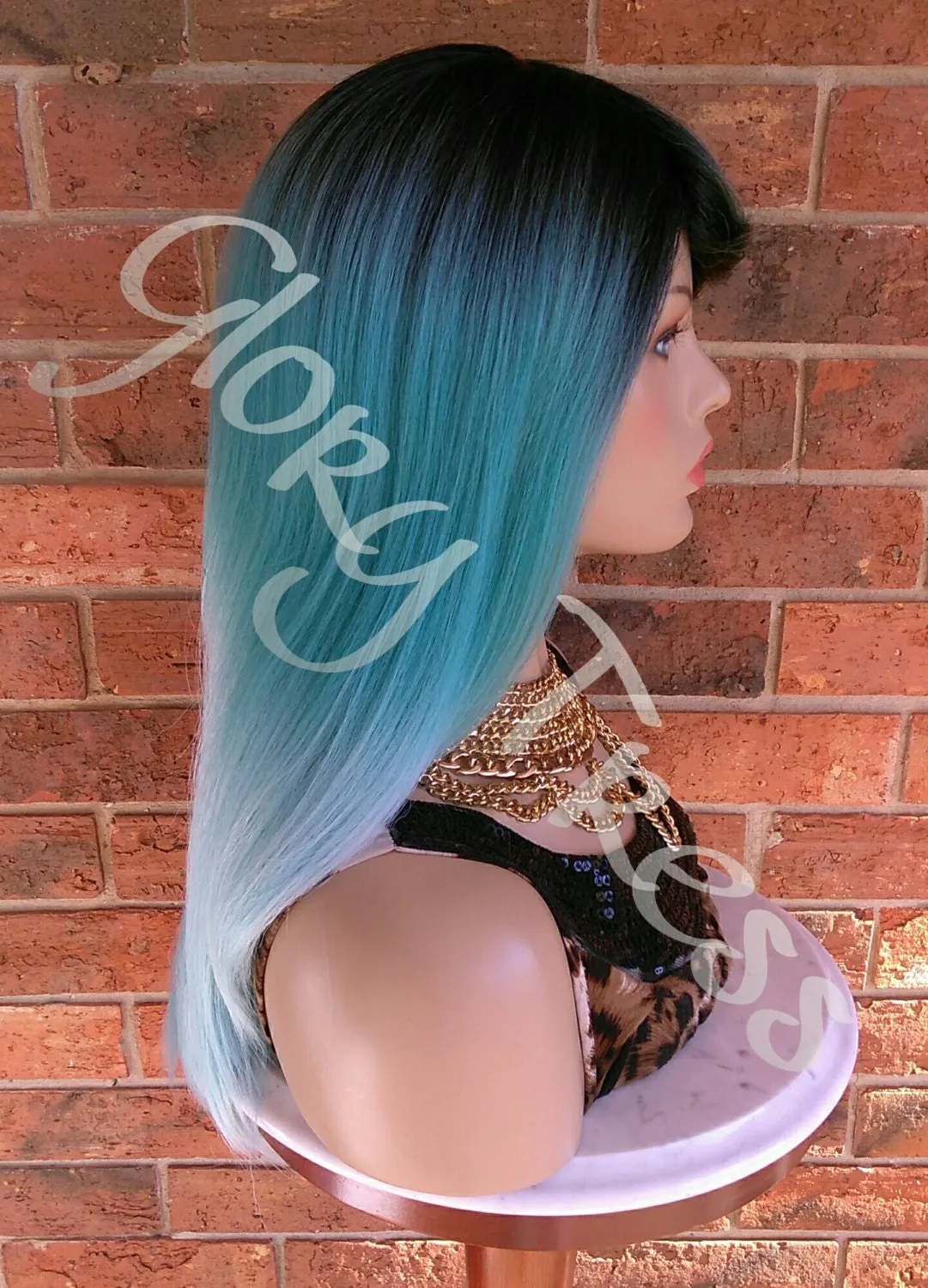READY To SHIP //Long & Straight Full Wig, Ombre Mint Green Wig, Green Wig, Dark Rooted, Yaki Textured Wig // VIRTUE (Free Shipping)