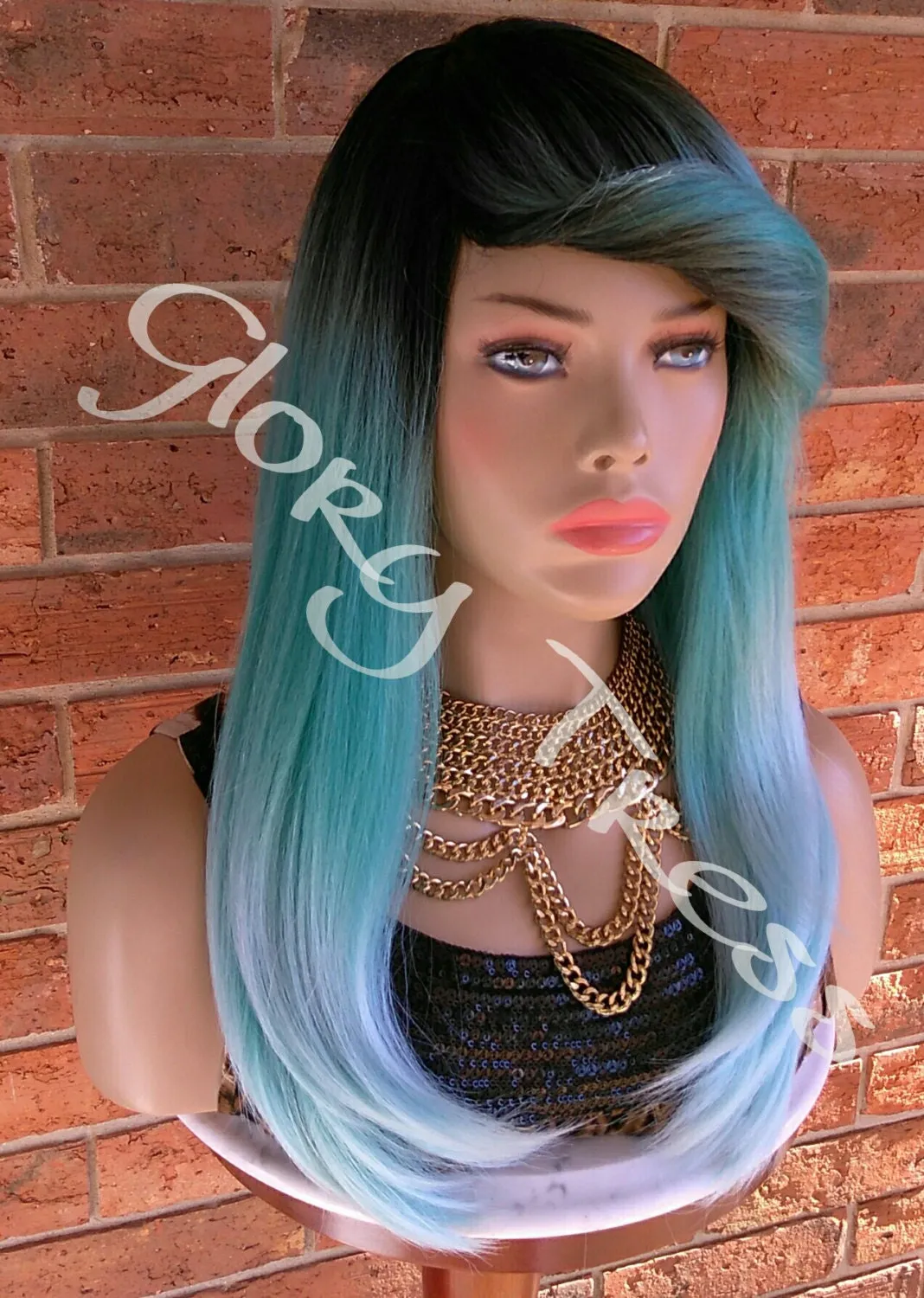 READY To SHIP //Long & Straight Full Wig, Ombre Mint Green Wig, Green Wig, Dark Rooted, Yaki Textured Wig // VIRTUE (Free Shipping)