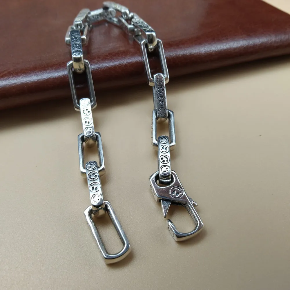Real Solid 925 Sterling Silver Bracelet Rectangular Link Chain Smiling Face Punk Jewelry 7.1"-9.4"