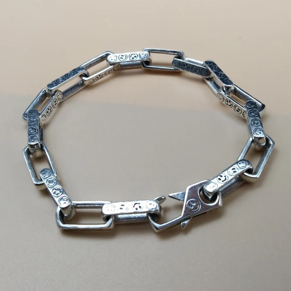 Real Solid 925 Sterling Silver Bracelet Rectangular Link Chain Smiling Face Punk Jewelry 7.1"-9.4"