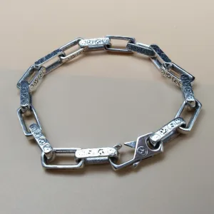 Real Solid 925 Sterling Silver Bracelet Rectangular Link Chain Smiling Face Punk Jewelry 7.1"-9.4"