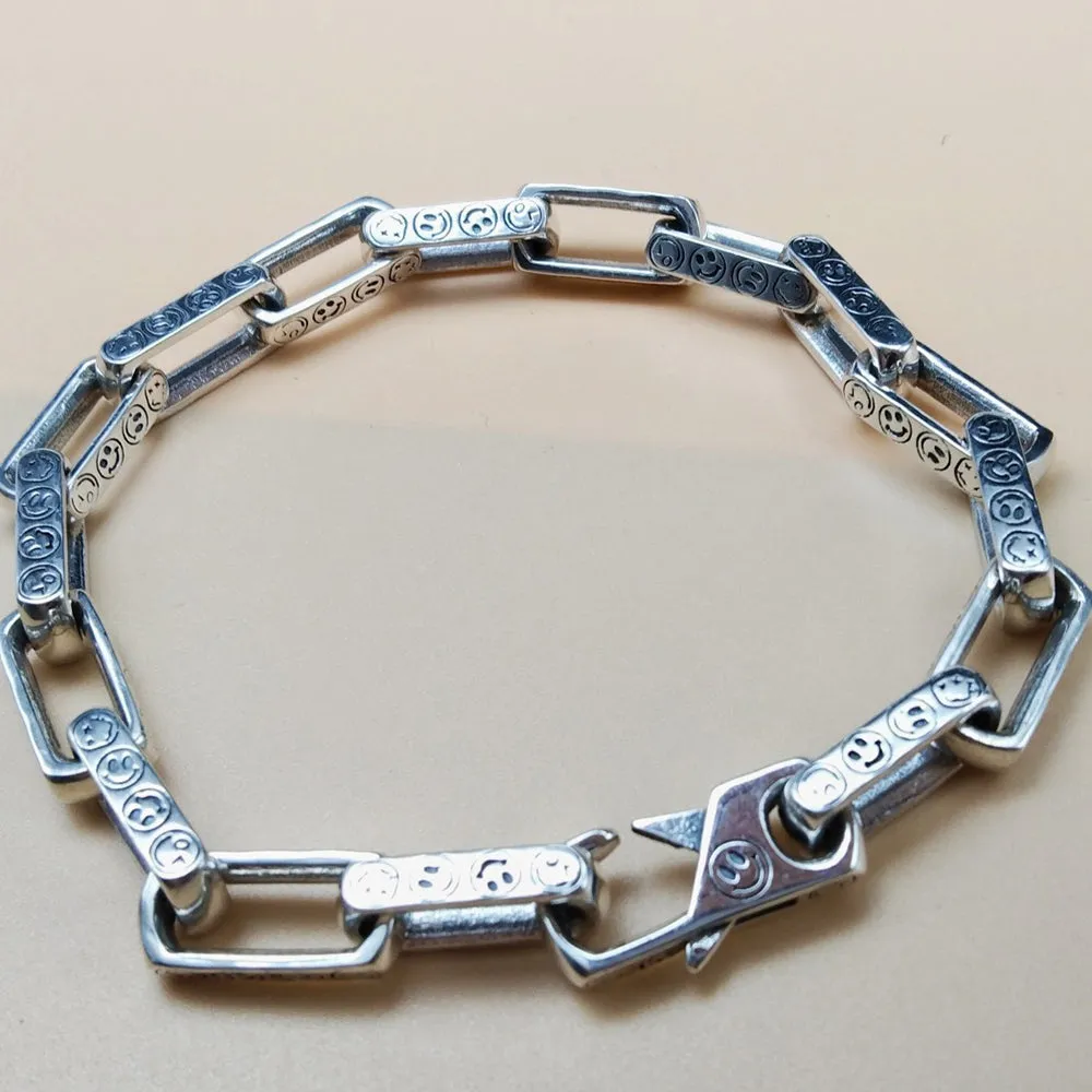 Real Solid 925 Sterling Silver Bracelet Rectangular Link Chain Smiling Face Punk Jewelry 7.1"-9.4"