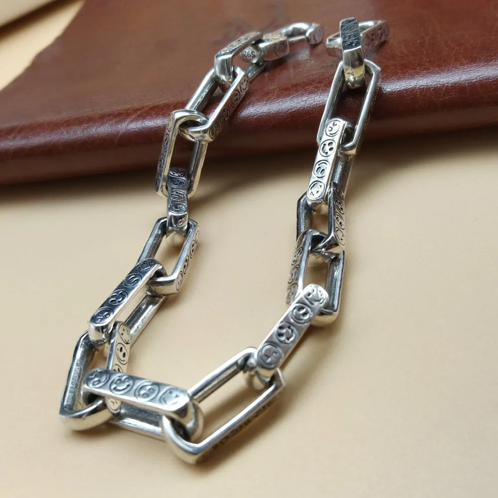 Real Solid 925 Sterling Silver Bracelet Rectangular Link Chain Smiling Face Punk Jewelry 7.1"-9.4"