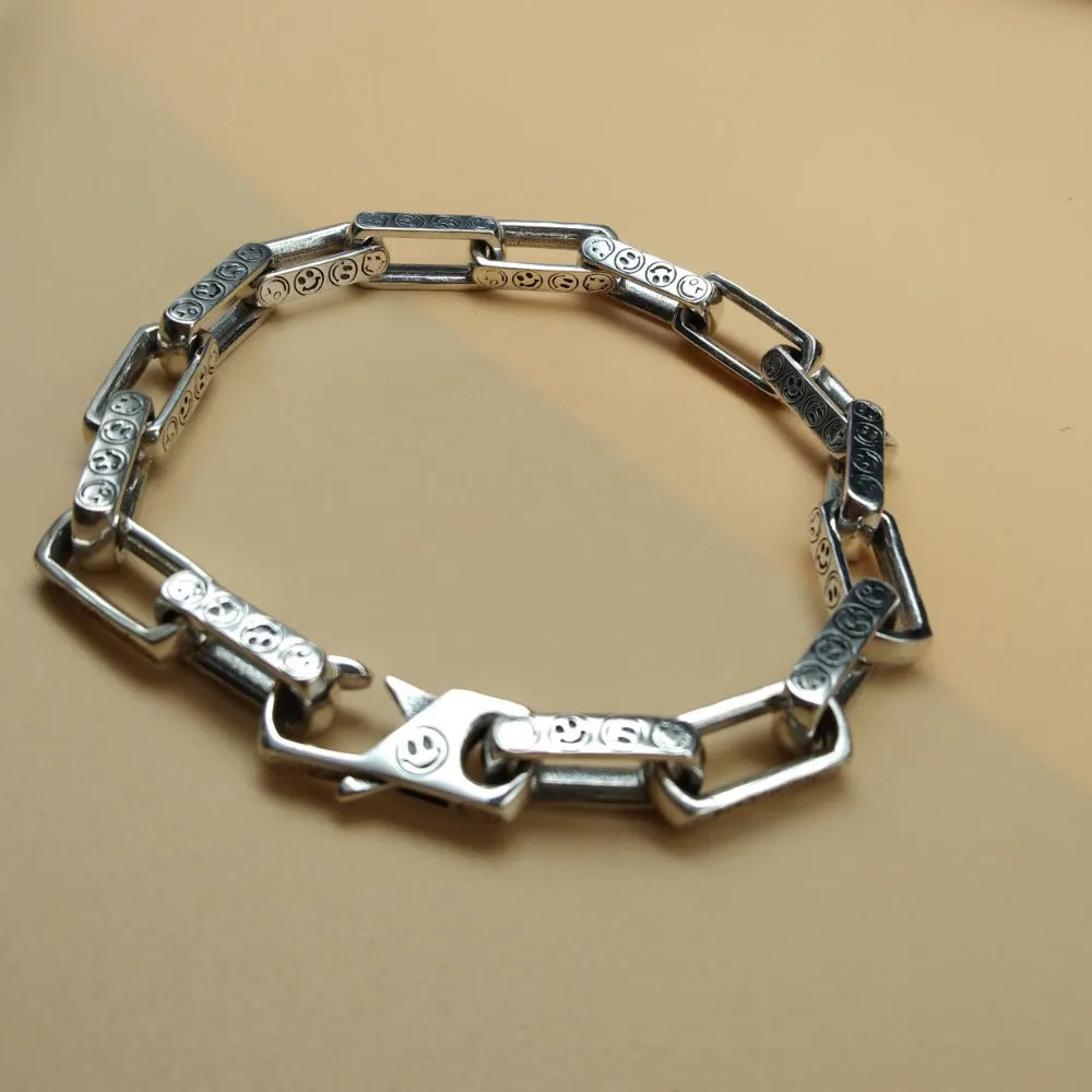 Real Solid 925 Sterling Silver Bracelet Rectangular Link Chain Smiling Face Punk Jewelry 7.1"-9.4"