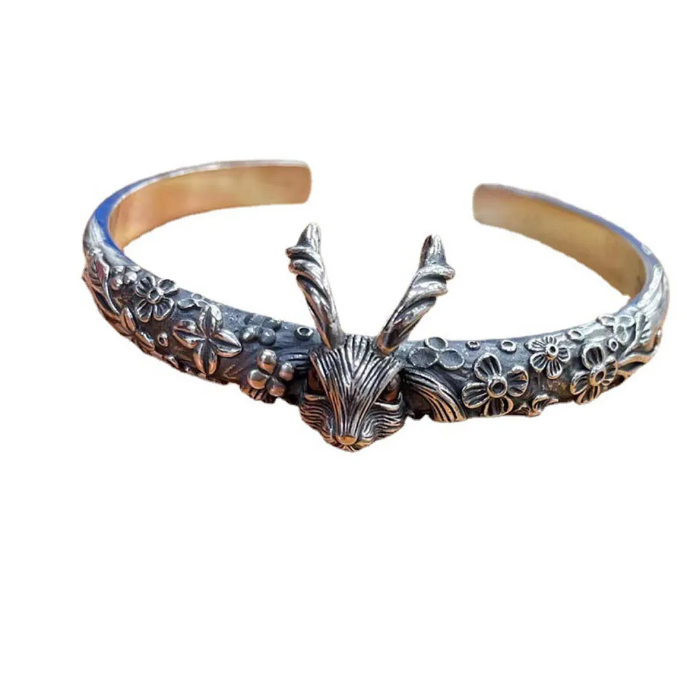 Real Solid 925 Sterling Silver Cuff Bracelet Animals Rabbit Flower Gothic Punk Jewelry Open Bangle