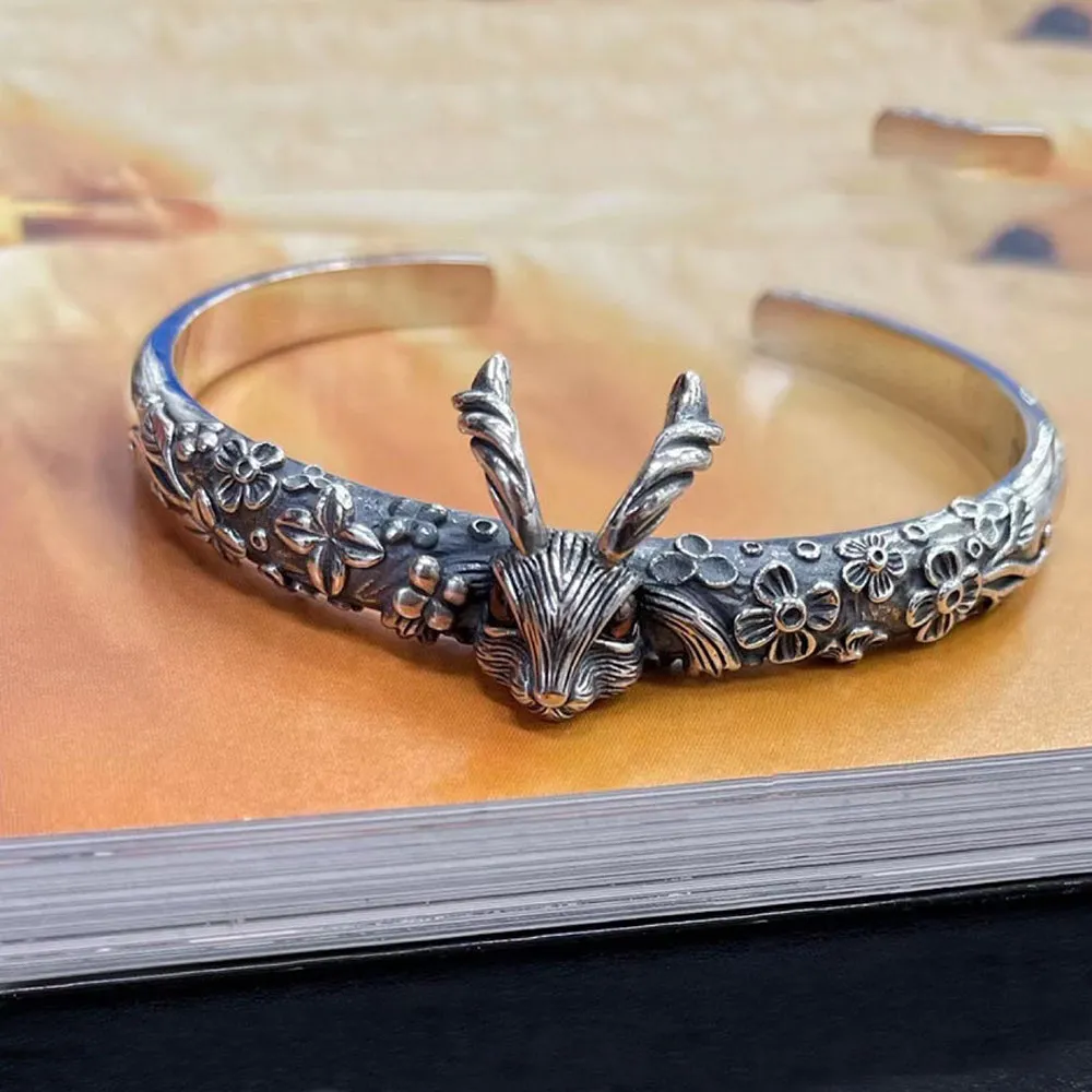Real Solid 925 Sterling Silver Cuff Bracelet Animals Rabbit Flower Gothic Punk Jewelry Open Bangle