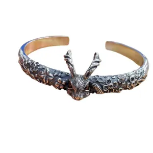 Real Solid 925 Sterling Silver Cuff Bracelet Animals Rabbit Flower Gothic Punk Jewelry Open Bangle