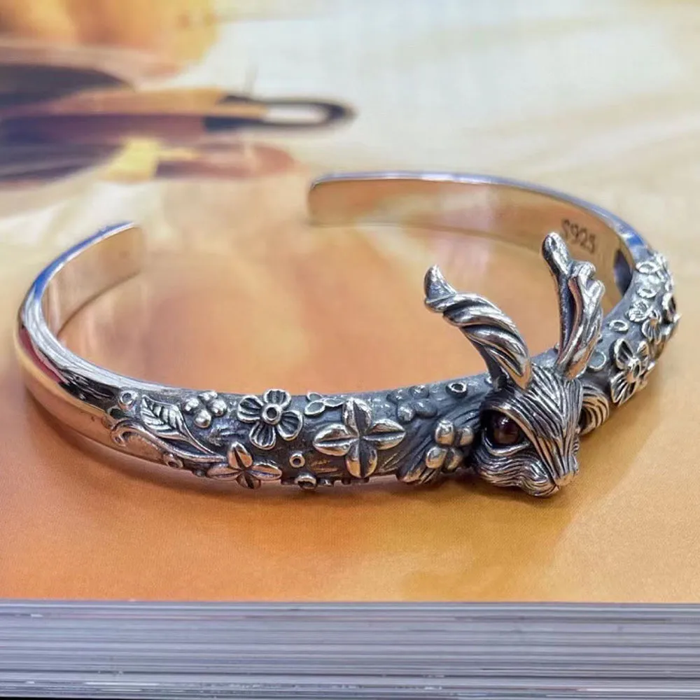 Real Solid 925 Sterling Silver Cuff Bracelet Animals Rabbit Flower Gothic Punk Jewelry Open Bangle