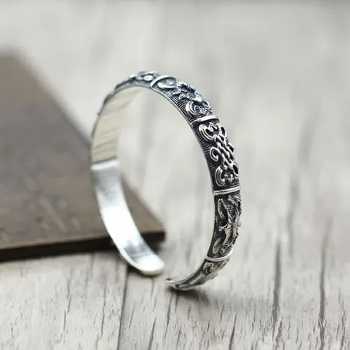 Real Solid 925 Sterling Silver Cuff Bracelet Bangle Auspicious Eight Treasures Luck Jewelry