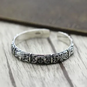 Real Solid 925 Sterling Silver Cuff Bracelet Bangle Auspicious Eight Treasures Luck Jewelry