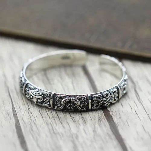 Real Solid 925 Sterling Silver Cuff Bracelet Bangle Auspicious Eight Treasures Luck Jewelry