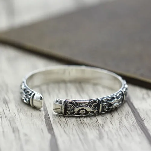 Real Solid 925 Sterling Silver Cuff Bracelet Bangle Auspicious Eight Treasures Luck Jewelry