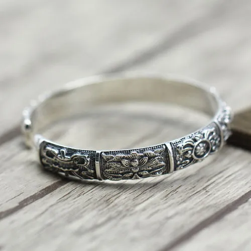 Real Solid 925 Sterling Silver Cuff Bracelet Bangle Auspicious Eight Treasures Luck Jewelry